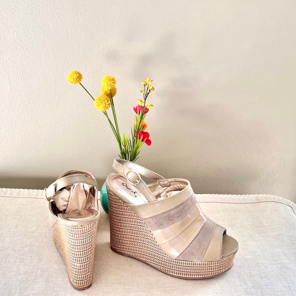 Qupid 8.5 Neutral Striped Open Toe Woven Espadrille Wedge Slingback Sandals